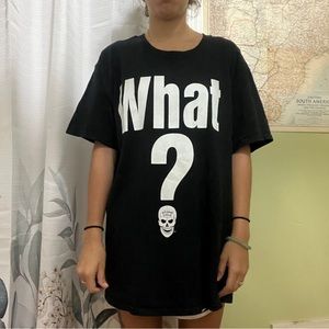 Black Graphic T-Shirt with Bold 'What?' Print